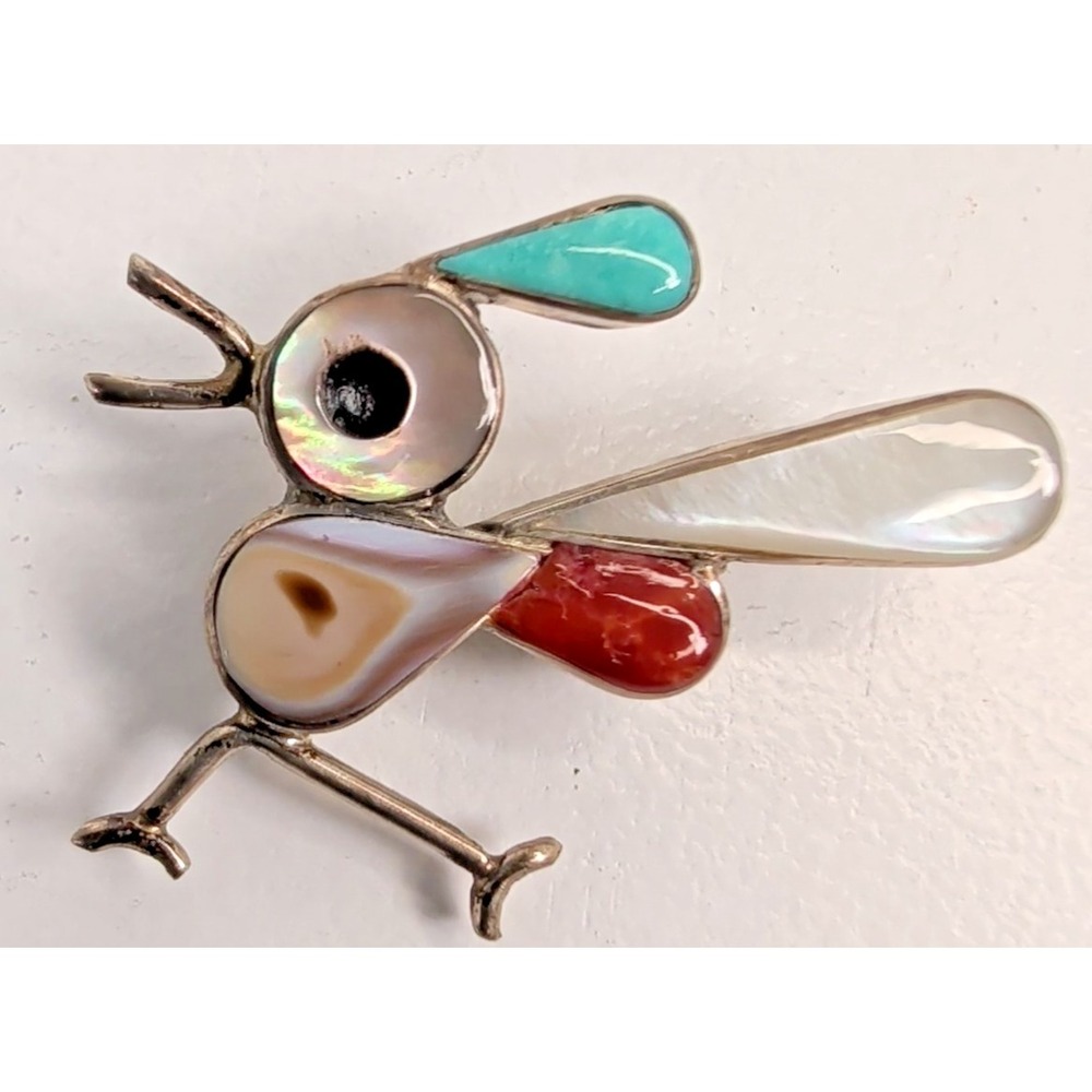 Vintage Southwestern 925 Inlay Roadrunner Bird Pin Pendant Turquoise Coral MOP